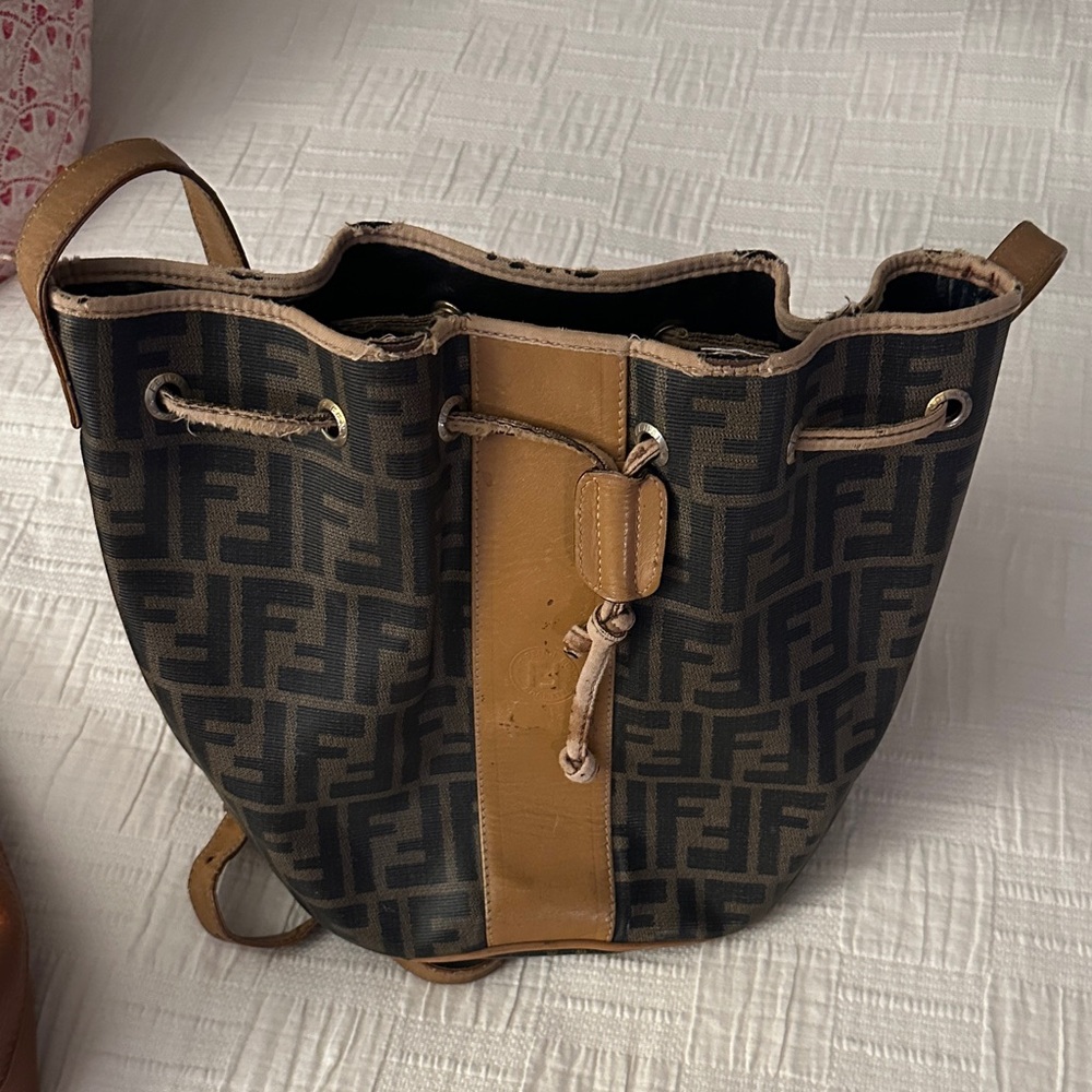 Fendi brown Monogram Drawstring Bucket Bag with Tan Trim